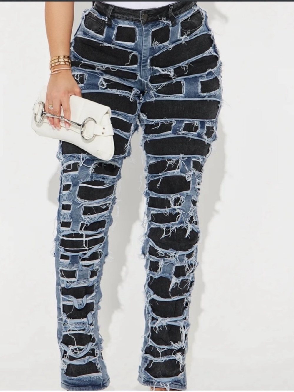 Distressed Two-Tone Blue & Black Women’s Ripped Jeans
